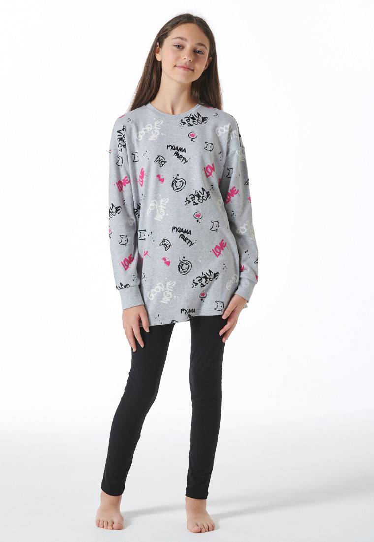 Schiesser Schlafanzug lang Interlock Shirt mit Leggings Graffiti grau-meliert - Nightwear Flash Sale