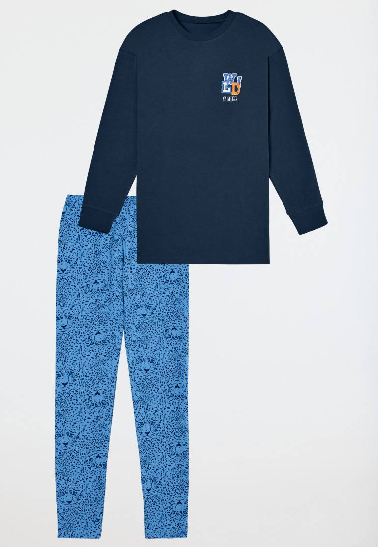 Schiesser Schlafanzug lang mit Leopardenmuster blau - Nightwear Online Shopping