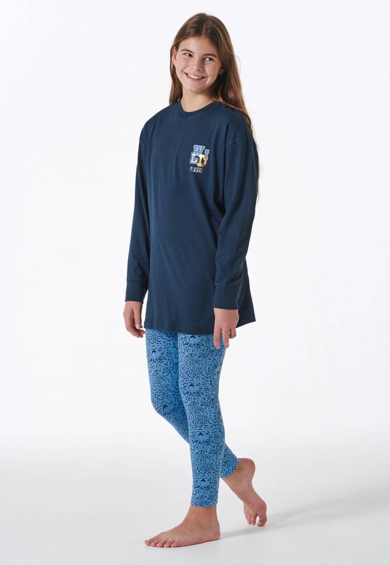 Schiesser Schlafanzug lang mit Leopardenmuster blau - Nightwear Online Shopping