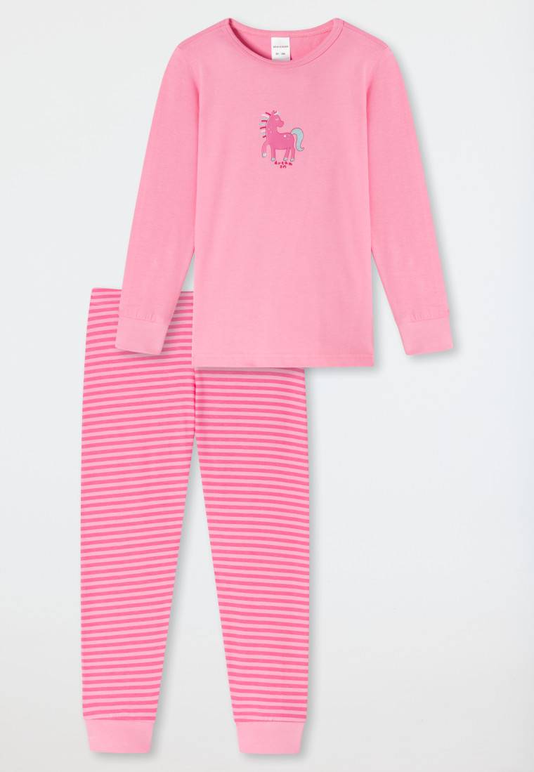 Schiesser Schlafanzug lang Organic Cotton Bündchen Pferd Ringel rosa - Nightwear Valentinstagsangebot