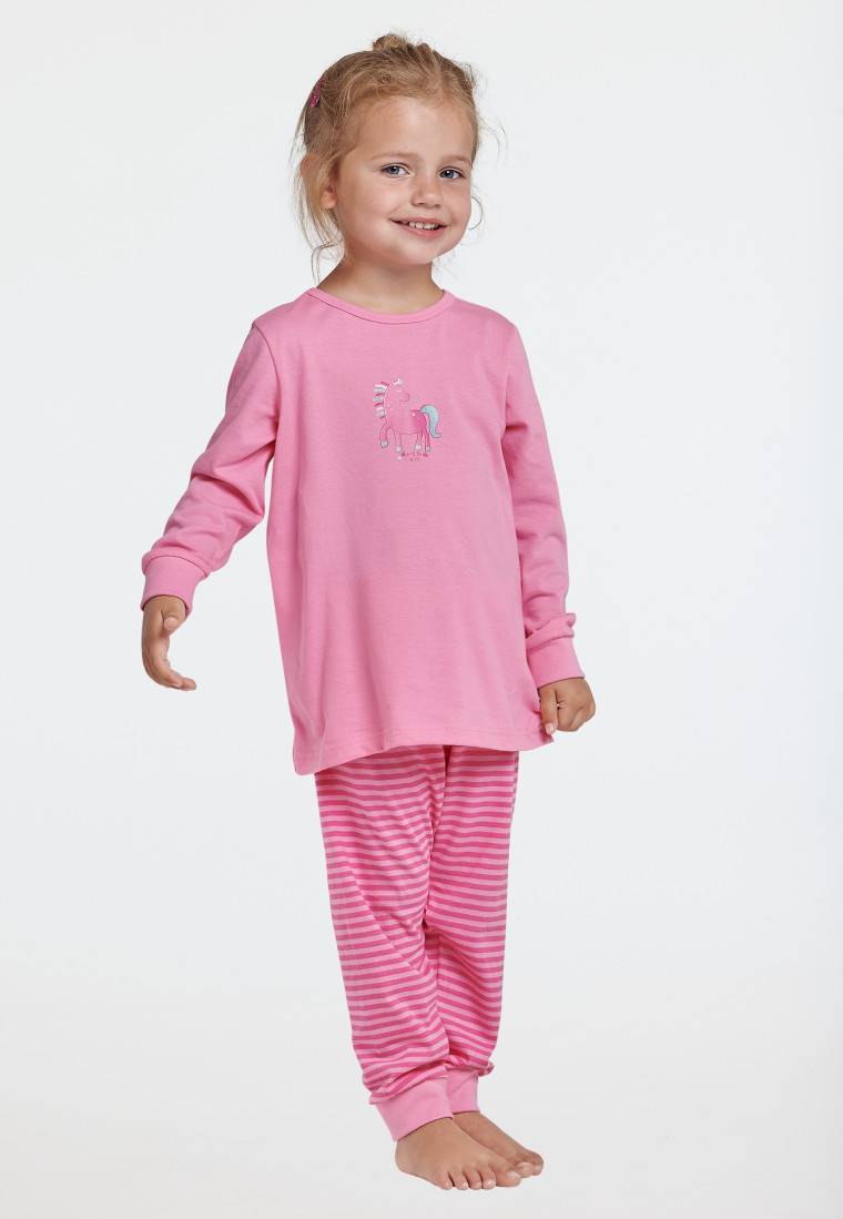 Schiesser Schlafanzug lang Organic Cotton Bündchen Pferd Ringel rosa - Nightwear Valentinstagsangebot