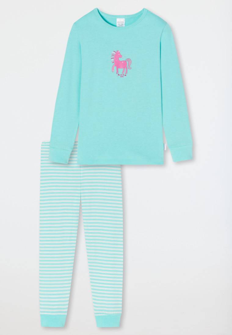 Schiesser Schlafanzug lang Organic Cotton Bündchen Pferd Ringel türkis - Nightwear Jubiläumsangebot