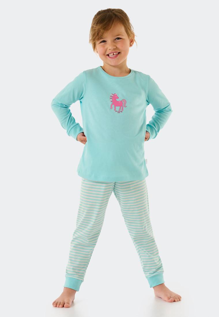 Schiesser Schlafanzug lang Organic Cotton Bündchen Pferd Ringel türkis - Nightwear Jubiläumsangebot