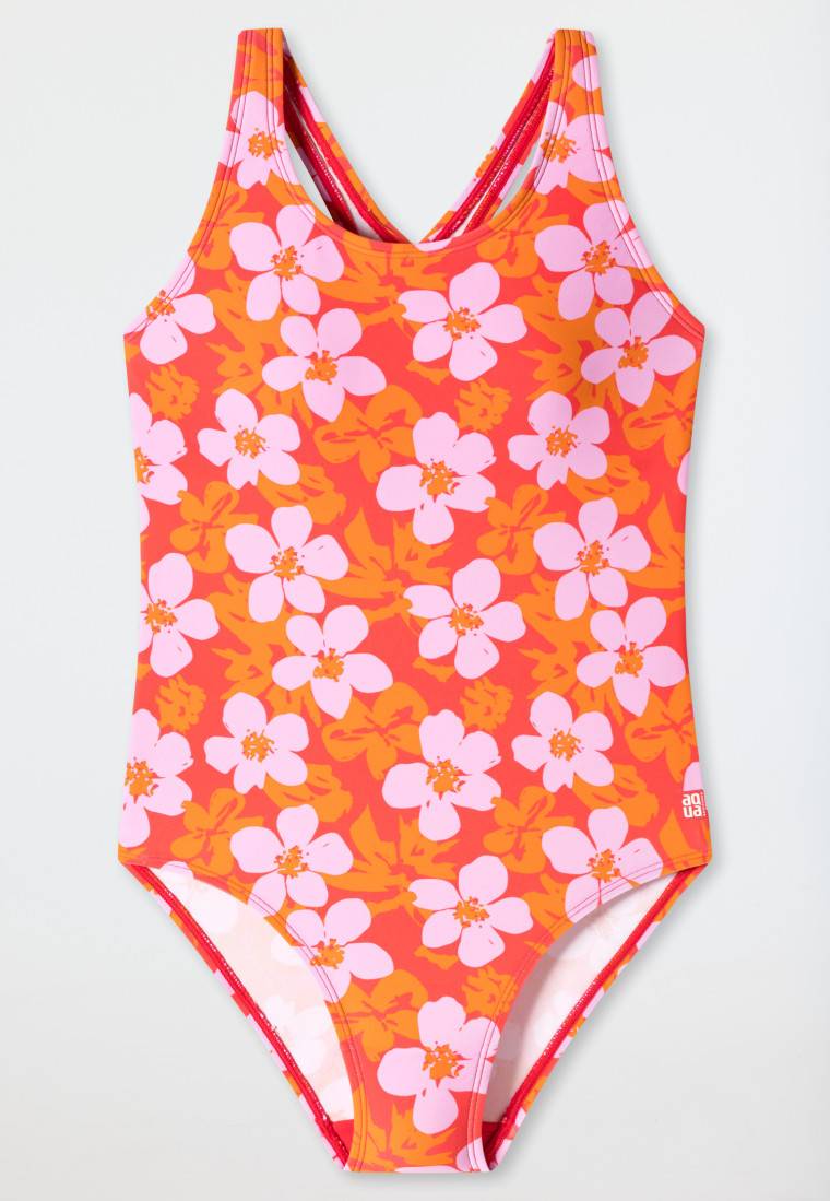Schiesser Badeanzug Wirkware recycelt LSF40+ Racerback Blumen rot - Aqua Teen Girls Tiefpreis
