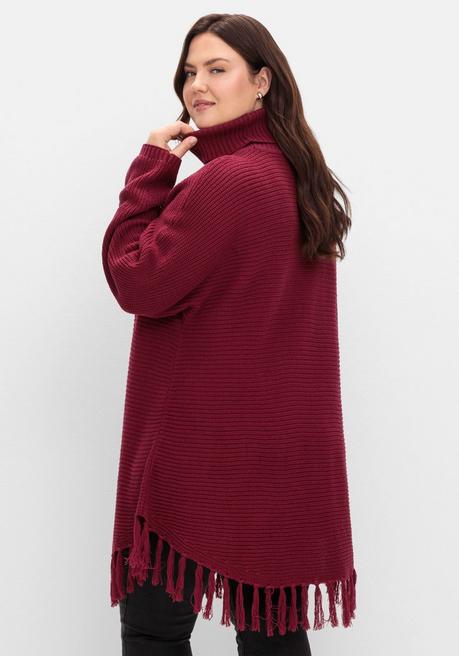 sheego Gerippter Poncho-Pullover mit Fransensaum - beere sheego Outlet
