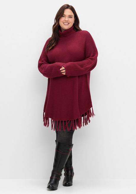 sheego Gerippter Poncho-Pullover mit Fransensaum - beere sheego Outlet