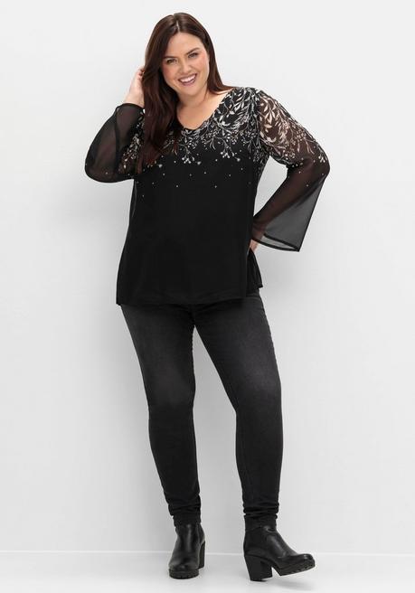 sheego Gefütterte Chiffontunika mit Alloverprint - schwarz-weiß gemustert sheego im Angebot