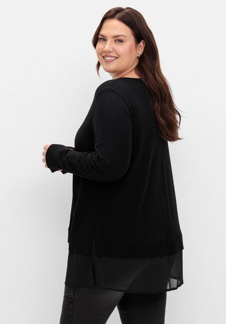 sheego Pullover in A-Linie, mit Chiffonbesatz am Saum - schwarz sheego Flash Sale
