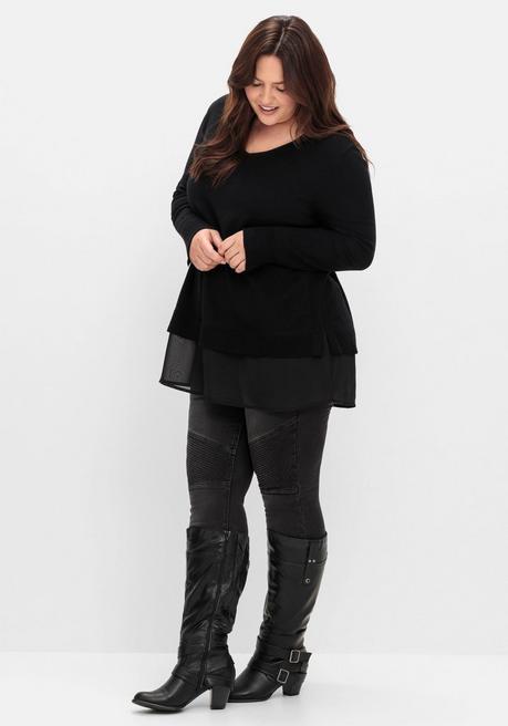 sheego Pullover in A-Linie, mit Chiffonbesatz am Saum - schwarz sheego Flash Sale