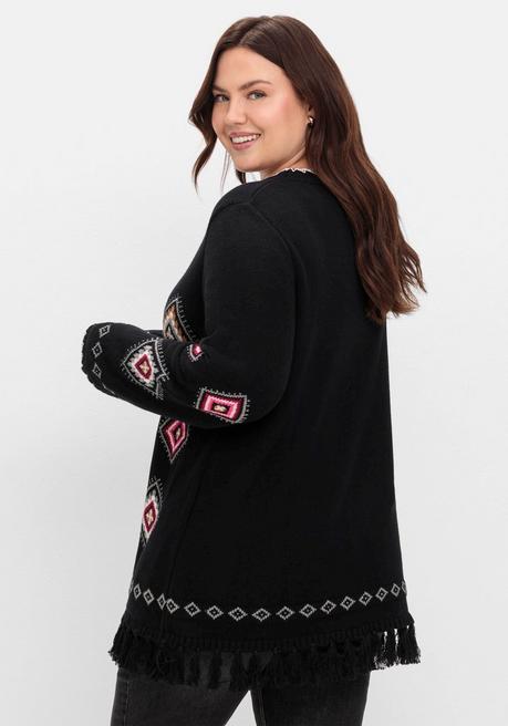 sheego Pullover mit Ethnomuster und Fransen - schwarz gemustert sheego Begrenztes Angebot