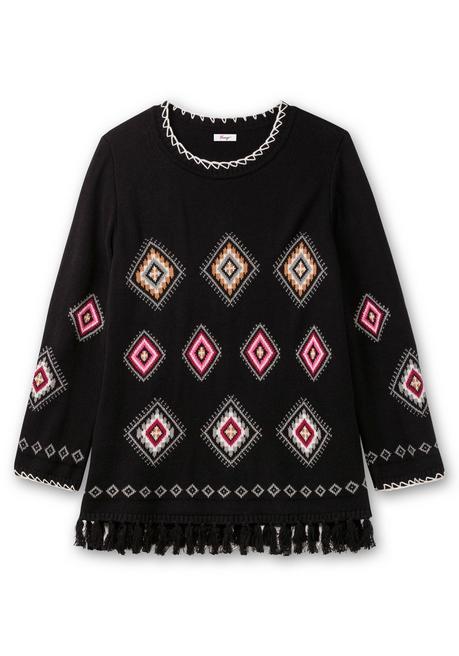 sheego Pullover mit Ethnomuster und Fransen - schwarz gemustert sheego Begrenztes Angebot