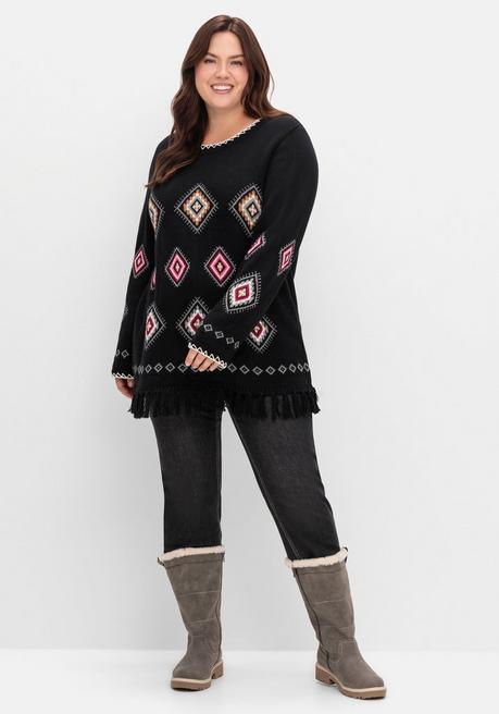 sheego Pullover mit Ethnomuster und Fransen - schwarz gemustert sheego Begrenztes Angebot