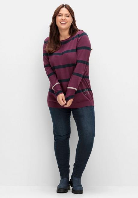 sheego Gestreifter Pullover mit Stern-Stickerei, aus Baumwolle - brombeer gestreift sheego Muttertagsangebot