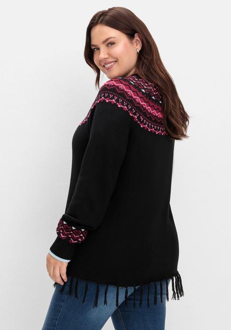 sheego Norwegerpullover mit Fransen am Saum - schwarz gemustert sheego Super Rabatt