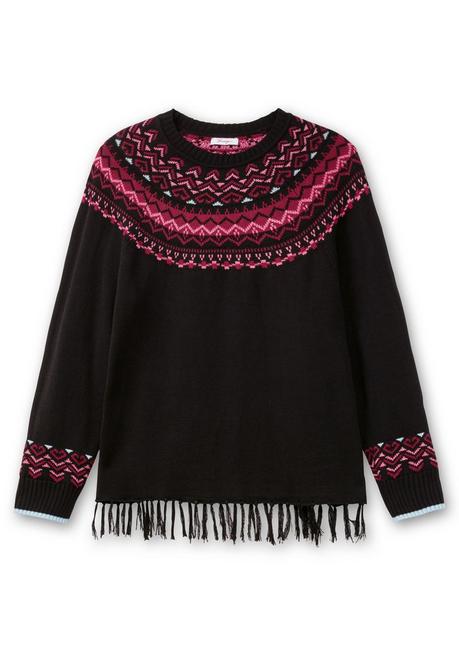 sheego Norwegerpullover mit Fransen am Saum - schwarz gemustert sheego Super Rabatt