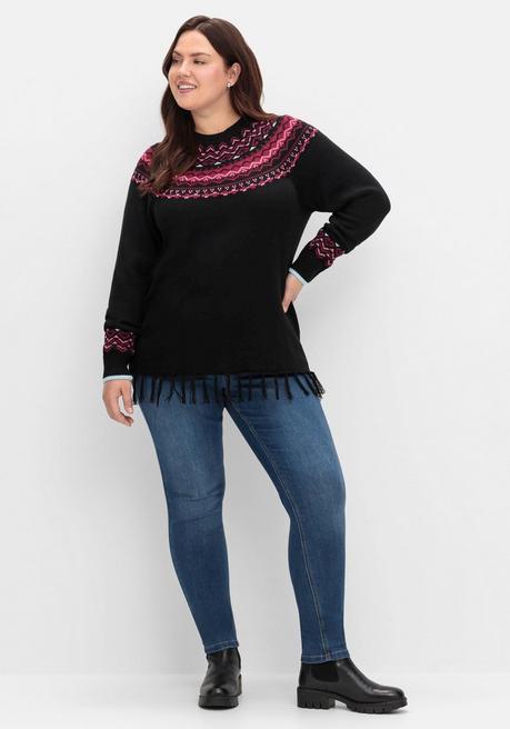 sheego Norwegerpullover mit Fransen am Saum - schwarz gemustert sheego Super Rabatt