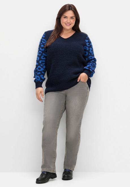 sheego by Joe Browns Pullover mit gemusterten Ballonärmeln - tiefblau gemustert sheego 50% Rabatt mit kostenlosem Versand