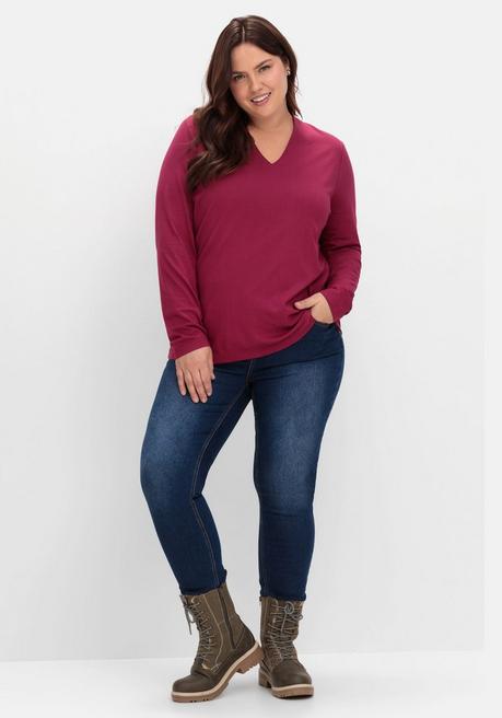 sheego Langarmshirt mit V-Ausschnitt, vorn doppellagig - beere sheego Clearance-Verkauf