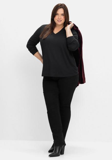 sheego Langarmshirt mit V-Ausschnitt, vorn doppellagig - schwarz sheego Kostenloser Versand international
