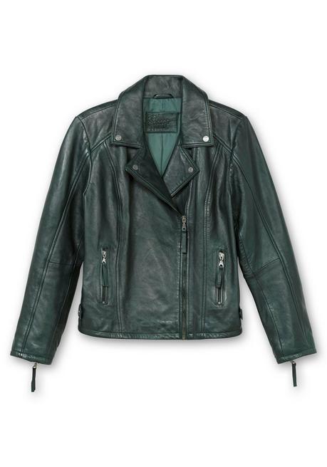 sheego Kurze Lederjacke aus Lammnappa, im Biker-Stil - tiefgrün sheego zollfrei