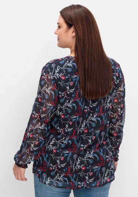 sheego Chiffontunika mit Blumendruck und Bindeband - tiefblau gemustert sheego Online