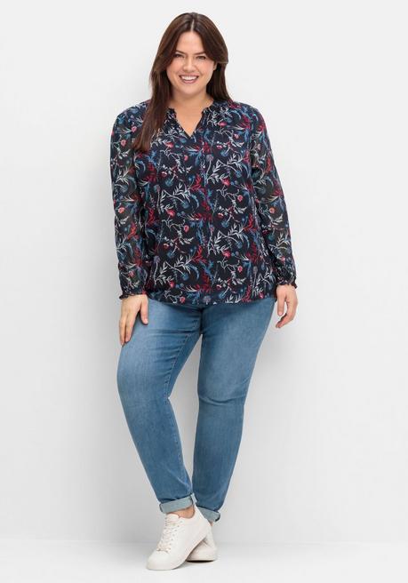 sheego Chiffontunika mit Blumendruck und Bindeband - tiefblau gemustert sheego Online