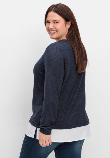 sheego Pullover im Lagenlook, mit Blusenbesatz - tiefblau meliert sheego Großer Ausverkauf