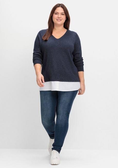 sheego Pullover im Lagenlook, mit Blusenbesatz - tiefblau meliert sheego Großer Ausverkauf