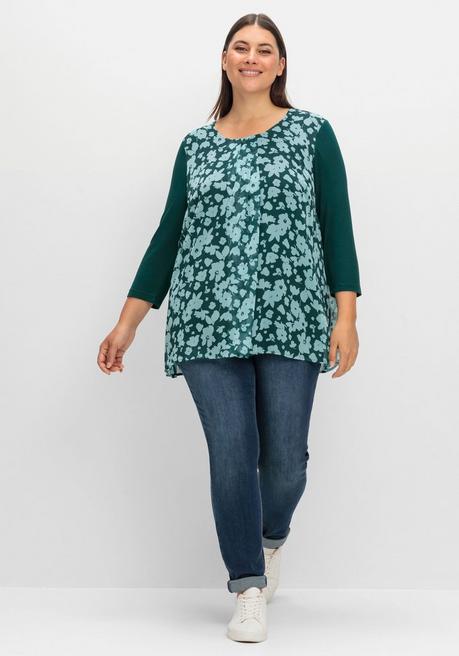 sheego 2-in-1-Blusenshirt mit bedrucktem Chiffon - tiefgrün gemustert sheego Osterangebot
