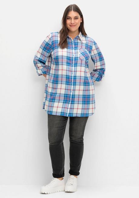 sheego Karierte Longbluse mit Krempelfunktion - offwhite kariert sheego Vatertagsangebot