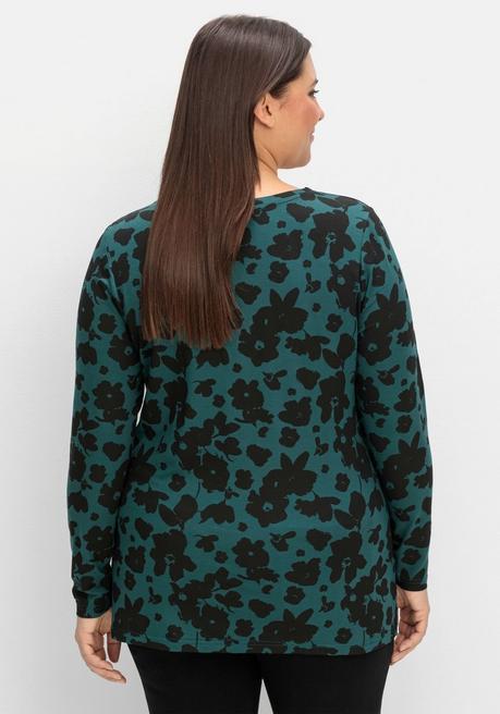 sheego Langarmshirt mit Blumendruck und V-Ausschnitt - tiefgrün gemustert sheego Heißer Verkauf