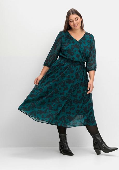 sheego Chiffonkleid in Wickeloptik, mit Alloverprint - tiefgrün gemustert sheego Online Outlet