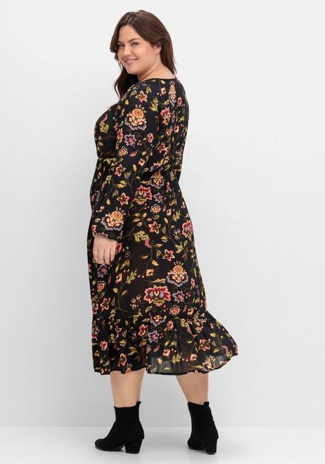 sheego by Joe Browns Midikleid mit Blumendruck und Volant am Saum - schwarz gemustert sheego Zeitlich begrenztes Angebot