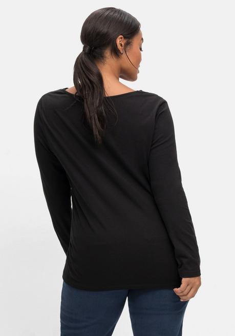 sheego by Joe Browns Langarmshirt mit Zierfalten am V-Ausschnitt, A-Linie - schwarz sheego Online