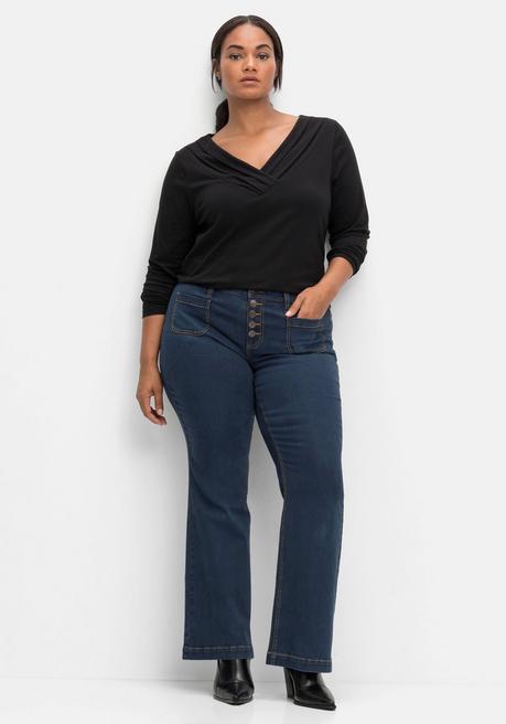 sheego by Joe Browns Langarmshirt mit Zierfalten am V-Ausschnitt, A-Linie - schwarz sheego Online