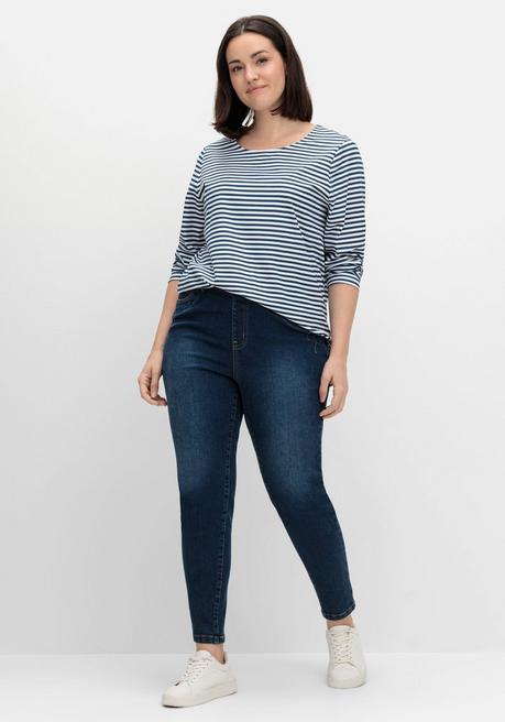 sheego Gestreiftes Langarmshirt mit Rundhalsausschnitt - marine gestreift sheego Verkauf