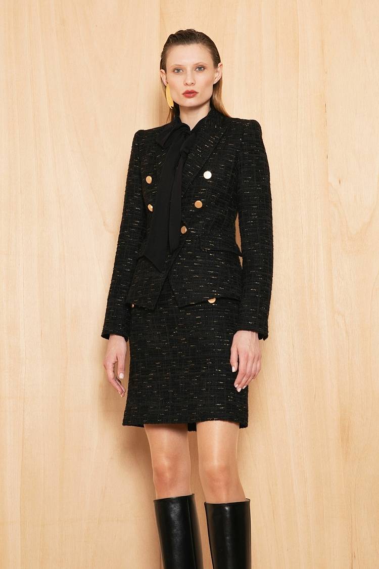 Sly 010 Doppelreihiger Tweed-Blazer mit Goldknöpfen Fabrikverkauf