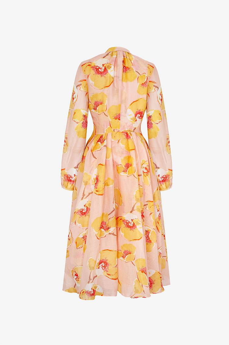Sly 010 Tailliertes Midi-Kleid aus Ramie mit Blumendruck Kostenloser Versand international