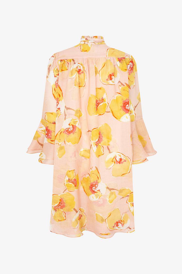 Sly 010 Knielanges Kleid aus Ramie mit Blumen-Print Speichern exportieren