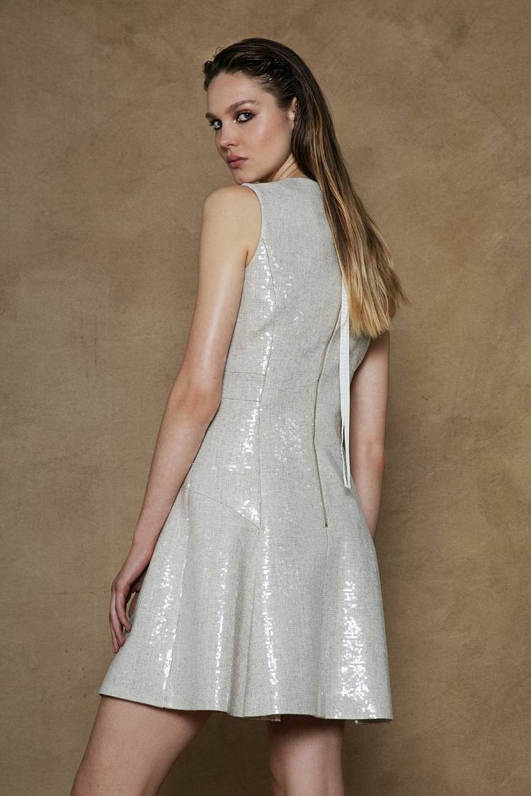 Sly 010 Ärmelloses Pailettenkleid aus Viskose-Leinen-Mix Weihnachtsangebot