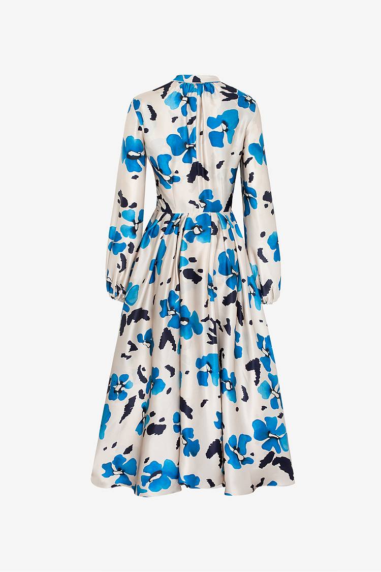 Sly 010 Tailliertes Midi-Kleid aus bedrucktem Seidensatin mit Blumenmuster Meist gekauft